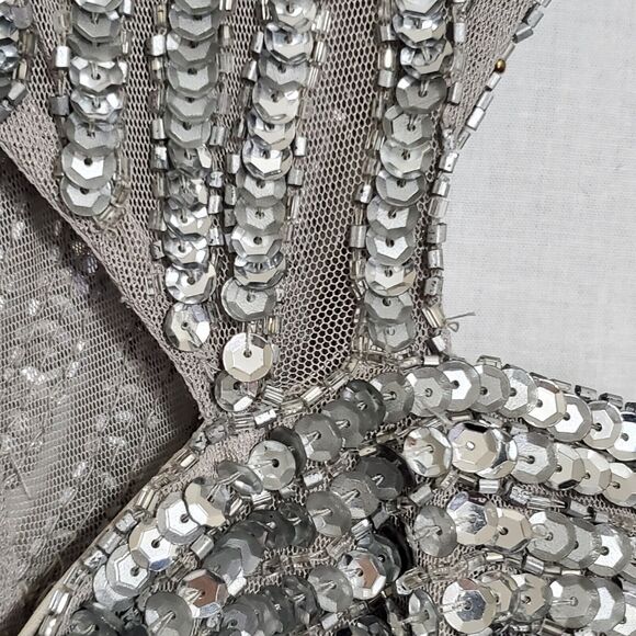 Cache Grey Beaded Sequin Maxi Mermaid Gown sz 6 Cap Sleeve Formal Black Tie - Picture 11 of 14